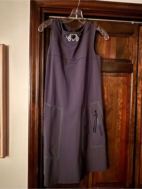 Sleeveless Navy Midi Shift Dress with Decorative Neck Detail